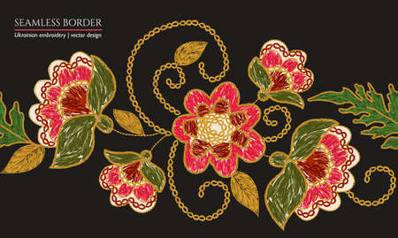 Flower embroidery color illustration on black. Ethnic fabric floral seamless borderのイラスト素材