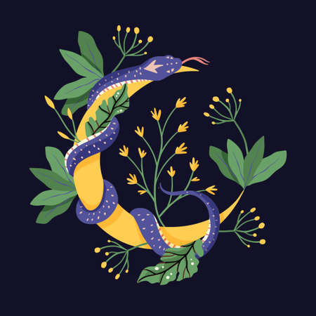 Snake and flower and moon magic print. Tattoo vintage fashion vector wild animal reptile.のイラスト素材