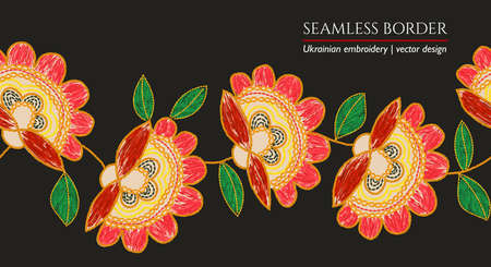 Flower embroidery color illustration on black. Ethnic fabric floral seamless borderのイラスト素材