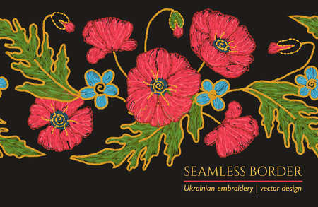 Poppy flower embroidery color illustration on black. Ethnic fabric floral seamless borderのイラスト素材