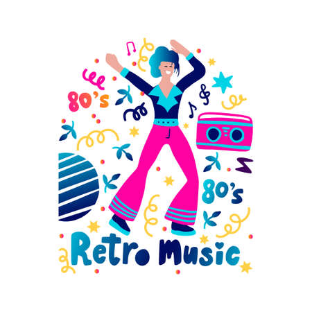 80s retro music party poster funky vector fashion boy card for printのイラスト素材