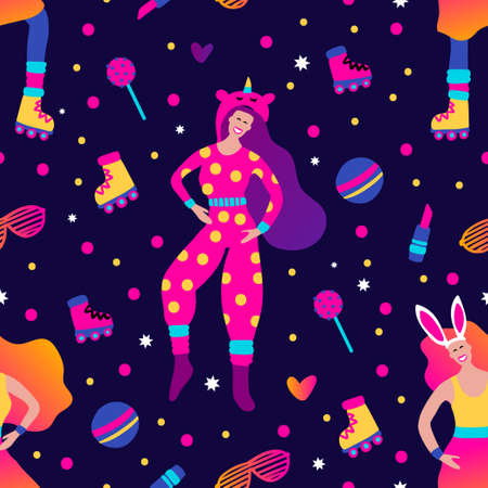 Funky girl funny pajama home music party seamless vector pattern. Cartoon costume characterのイラスト素材