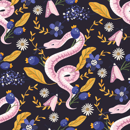 Snake flower and berry vintage celestial seamless vector pattern. Floral magic background