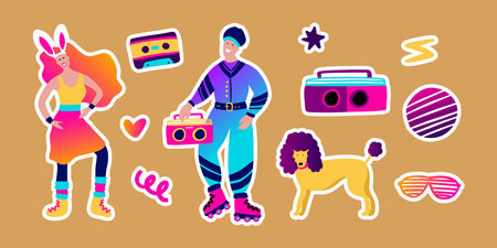 80s retro music party sticker set. Groovy funky character disco dance roller skates cartoon collectionのイラスト素材
