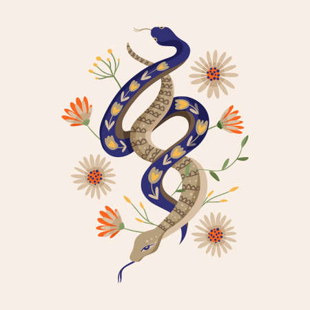 Snake illustrations vector design alchemy flower. Python vintage shirt printのイラスト素材