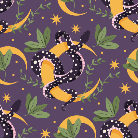 Snake and flower vintage seamless pattern. Tropical animal and moon fabric snake artのイラスト素材