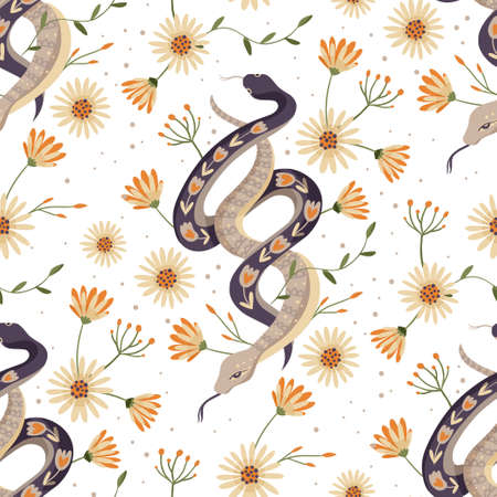 Snake and flower vintage seamless pattern. Tropical animal fabric snake artのイラスト素材