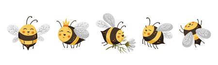Cute bee cartoon funny vector set. Happy funny adorable character beesのイラスト素材