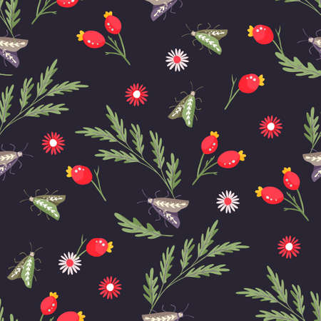 Moth boho abstract floral ornate seamless pattern. Butterfly ditsy small little kids printのイラスト素材