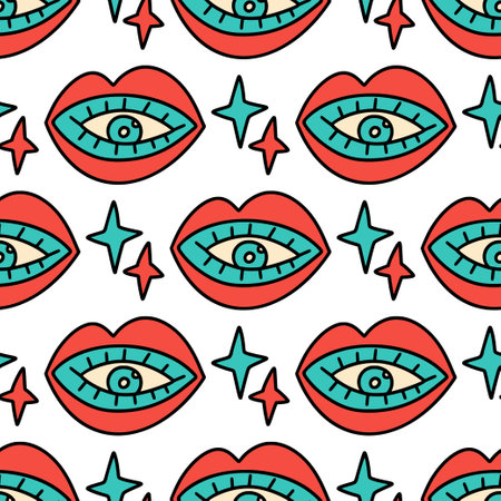70s 80s groovy retro seamless vector pattern. Cartoon eye lips retro summer psychedelic funky cute backgroundのイラスト素材