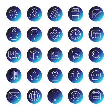 Line art circle business icon set with a phone, star chat and letter. Contact, email, shop basket and calendar pin coffee iconsのイラスト素材