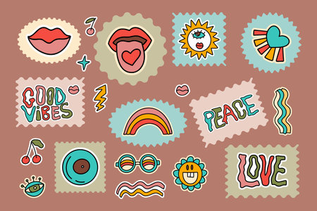 Groovy sticker set good vibes, rainbow lips retro flower hippie 70s disco cartoon illustration vector element collectionのイラスト素材