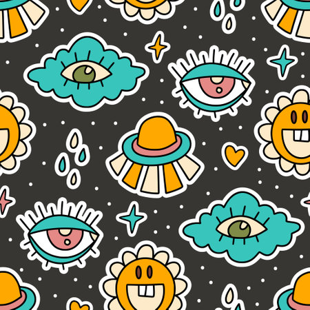 Cute cartoon groovy cloud, eye sticker vector seamless pattern. Hippie retro background illustrationのイラスト素材