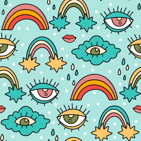 Cute cartoon groovy rainbow cloud sticker vector seamless pattern. Hippie retro background illustrationのイラスト素材