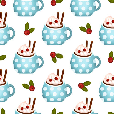 Christmas drink cream 3d vector seamless pattern, cocoa cup dessert chocolate art, winter coffee hot illustrationのイラスト素材