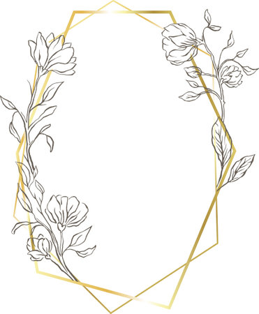 Gold oval frame leaves border, delicate wedding line backgroundのイラスト素材