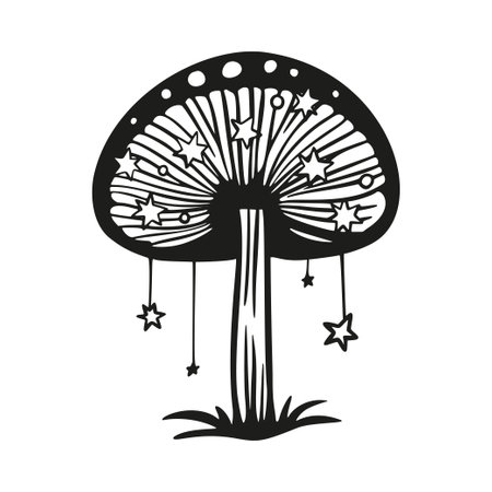 Magic mushroom with stars. Vector silhouette black line contour drawing with celestial fantasy fungusのイラスト素材