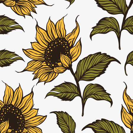 Sunflower doodle seamless vector pattern. Nature drawing flower plant spring summer garden background.のイラスト素材