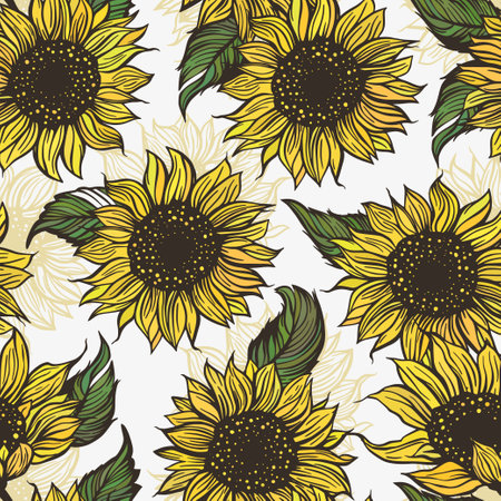 Sunflower doodle seamless vector pattern. Nature drawing flower plant spring summer garden background.のイラスト素材