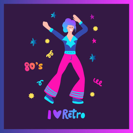 Cartoon colorful party boy, disco dancer man funky 80s poster. Love retro lifestyle drawingのイラスト素材