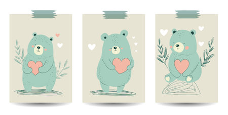 Cute cartoon bear character with a heart card set. Valentine Valentines day poster romantic collection. Funny vector print.のイラスト素材