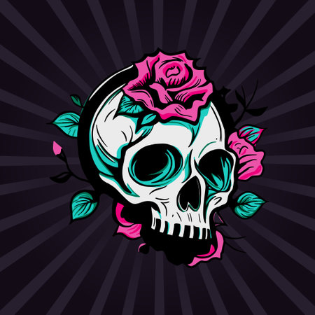 Skull head and rose flower, symbol drawing print. Dead vector retro death ornamentのイラスト素材