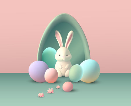 Easter bunny 3d vector concept, rabbit eggs cute background pastel spring holiday happy render art. Vector illustrationのイラスト素材
