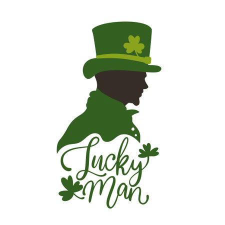 Lucky man in a hat. Calligraphy card st Patrick day event. Greeting st Patricks festive silhouetteのイラスト素材