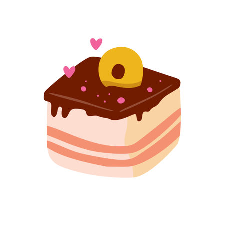Birthday sweet cake slice with chocolate cream, vector party baby kids simple flat dessert doodle illustrationのイラスト素材