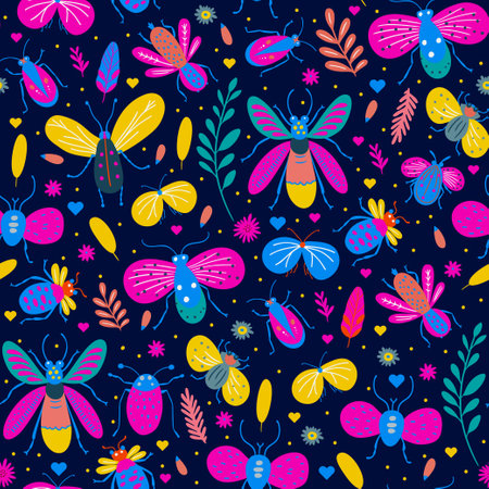 Colorful bug beetle moth and butterfly vector seamless pattern. Floral flower garden kids baby nature artのイラスト素材