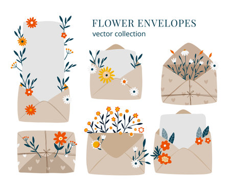 Hand drawn cute floral envelope illustrations. Vector vintage letter set with flowers, leaves and a place for your text artのイラスト素材