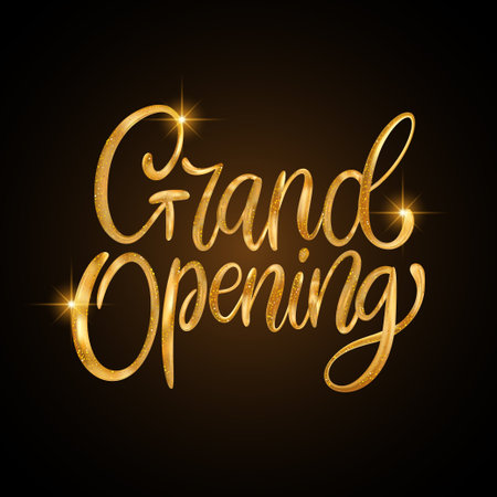 Grand Opening glitter text. Shiny sparkle 3d vector gold golden lettering calligraphy card artのイラスト素材