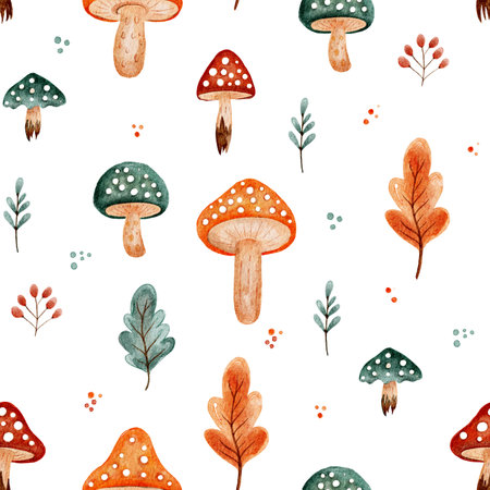 Fall autumn fungus amanita leaves autumn seamless cute watercolor pattern kids design on a white backgroundの写真素材