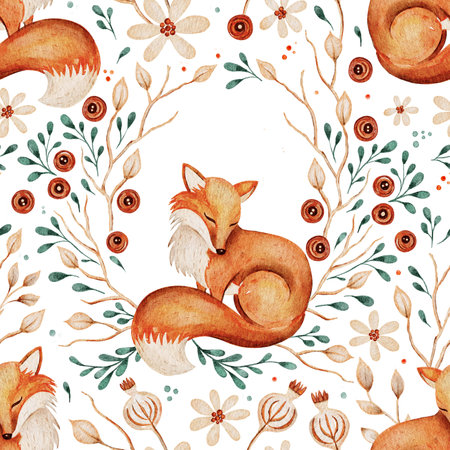 Cute fox forest flower fall animal woodland watercolor seamless pattern on a white backgroundの写真素材