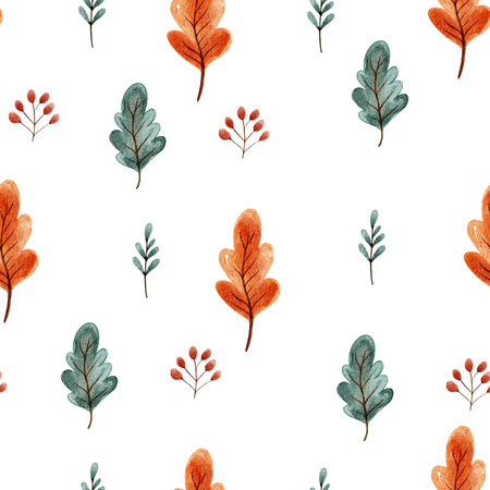 Autumn fall oak leaves autumn seamless watercolor pattern on a white backgroundの写真素材