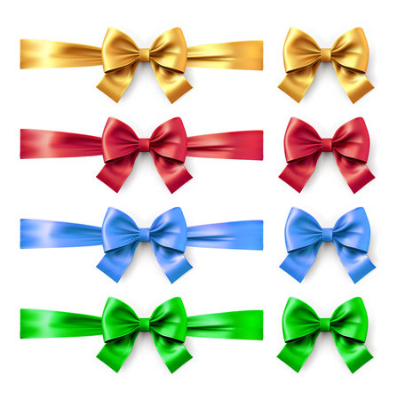 3d ribbon bow set. Shiny color satin ribbon vector collection. Christmas gift, Valentines day, birthday wrapping elementのイラスト素材