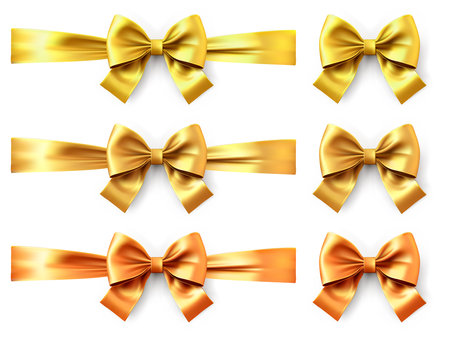 3d ribbon bow gold set. Shiny golden color satin ribbon vector collection. Christmas gift, Valentines day, birthday wrapping elementのイラスト素材