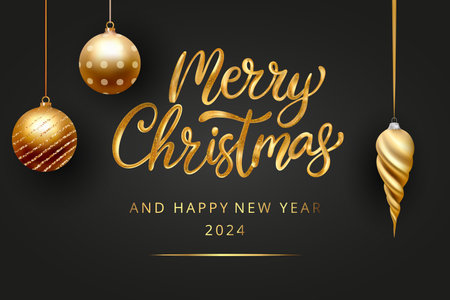 Merry Christmas Party vector poster holiday lettering greeting card, premium luxury 3d gold ball ornament decoration of golden bauble shiny render on a black backgroundのイラスト素材