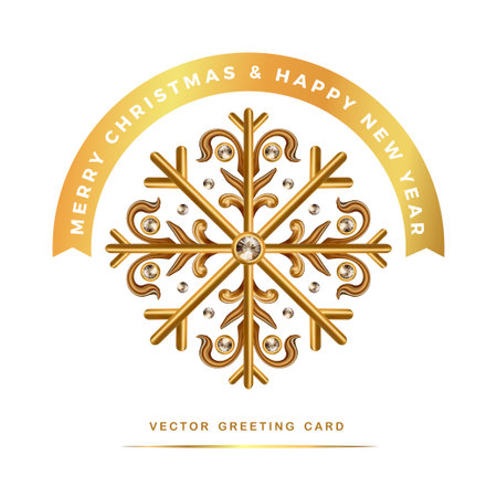 Merry Christmas Party vector holiday greeting card, premium luxury 3d gold shiny diamond snowflake ornament and a gold ribbon on a white backgroundのイラスト素材