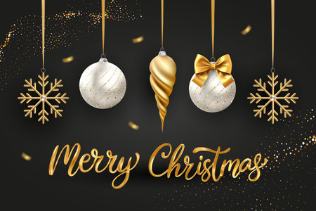 Merry Christmas Party vector poster holiday greeting card, premium luxury 3d gold shiny snowflake ball ornament decoration lettering glitter render on a black backgroundのイラスト素材