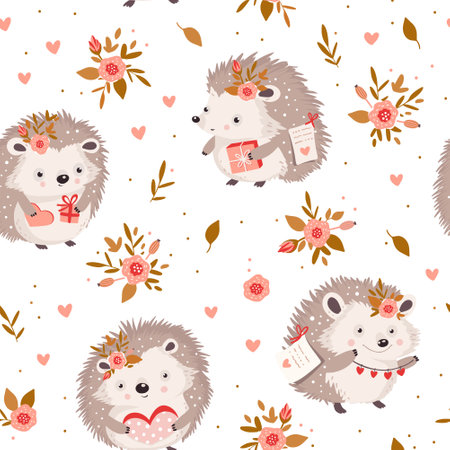 Seamless pattern with cute hedgehogs. Vector illustration.のイラスト素材