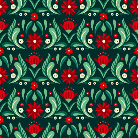 Seamless floral pattern with red flowers and green leaves on dark green background.のイラスト素材