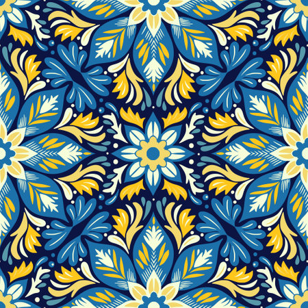 Talavera pattern. Indian patchwork. Azulejos portugal. Turkish ornament. Moroccan tile mosaic. Ceramic tableware, folk print. Spanish pottery. Ethnic background.のイラスト素材