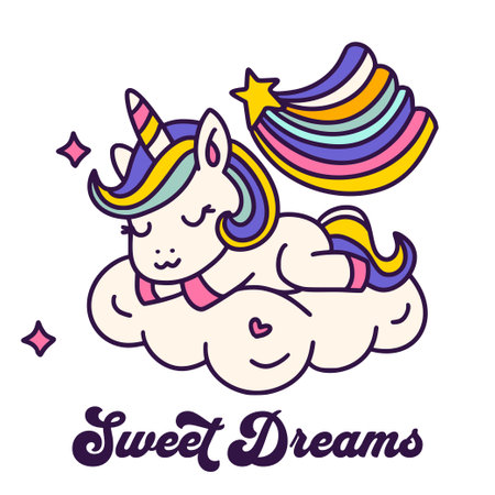 Cute Cartoon Sleeping Unicorn Card Poster Isolated On A White Unicorn Rainbow Kids Animal Vector. Sweet dreamsのイラスト素材