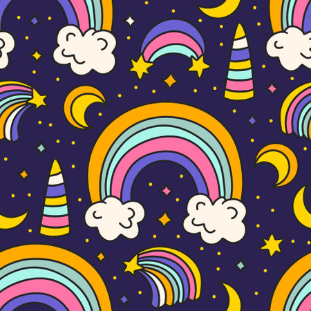Cute Cartoon Rainbow Unicorn Horn Clouds and Moon Seamless Pattern. Starry Rainbow Sky. Kids Birthday And Baby Shower Vector Backgroundのイラスト素材