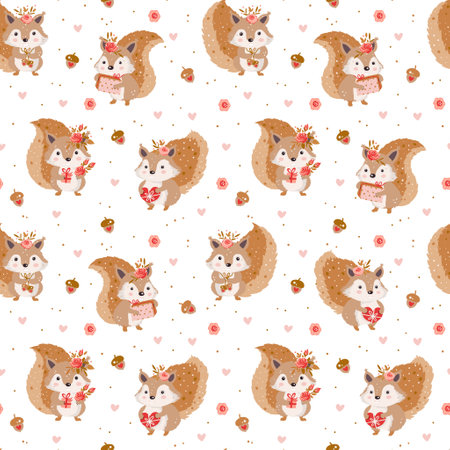 Cute cartoon squirrel with acorns, hearts and rose flowers gift and heart vector kids seamless pattern.のイラスト素材