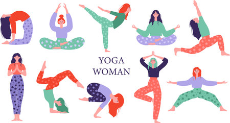 Yoga Woman Pose Vector Set Collection Featuring Diverse Female Figures Practicing Meditation, Stretching, And Exercise In Flat Style.のイラスト素材