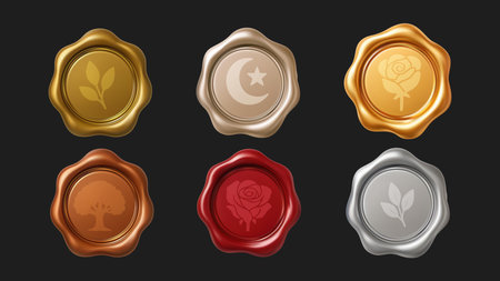 Wax Seal Stamp 3d Isolated Metallic Ancient Background Vintage Old Letter Message Certificate Tag Sign Setのイラスト素材