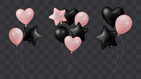 3d Balloon Birthday Party Event Holiday Pink Black Set Gift Ball Balloons Vector Invitation Card Realistic Shapeのイラスト素材
