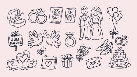 Wedding Doodle Sketch Icon Set Vintage Party Love Vector Love, Rings, and Celebration Elementsのイラスト素材